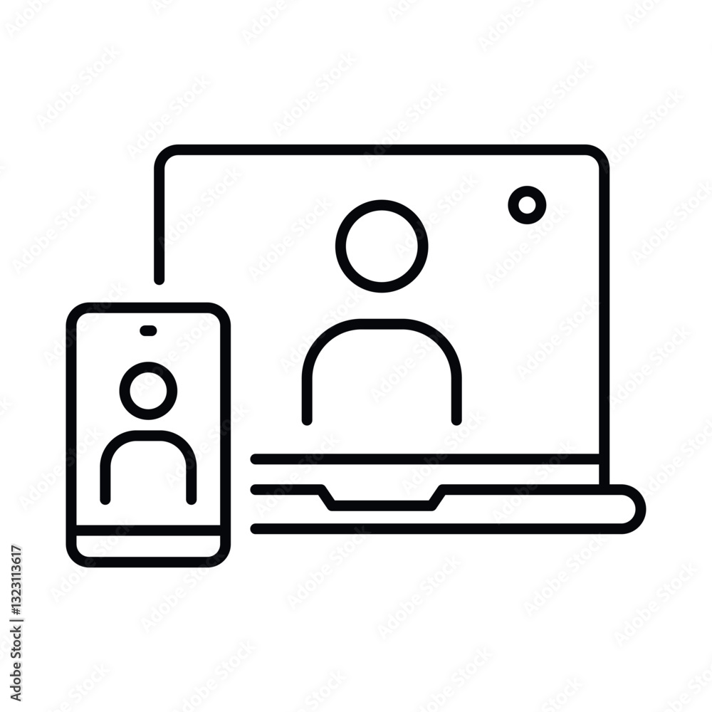 Online meeting icon illustrating remote communication between devices for group discussions in modern work environments