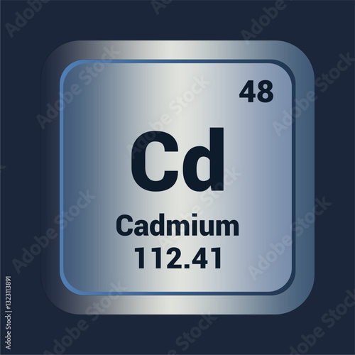 Cadmium Cd icon. Number Fourty Eight. Mass 112.41 detail. Vector Background.