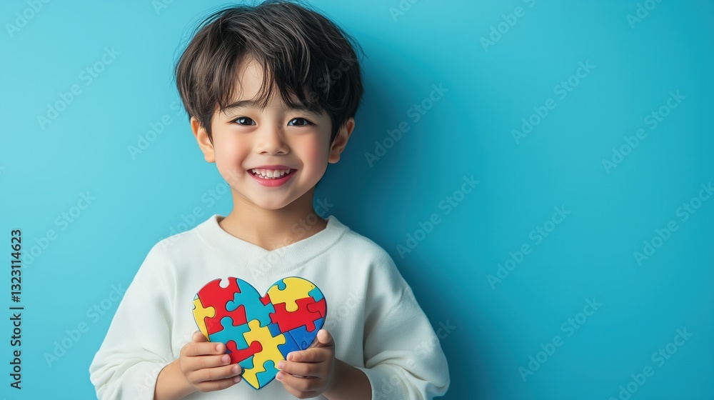 Autism awareness concept. A little boy holding a heart made of colorful puzzle pieces on a light blue background, symbolizing love, support, and inclusivity for the autism community. Autism awareness concept. A little boy holding a heart made of colorful puzzle pieces on a light blue background, symbolizing love, support, and inclusivity for the autism community.