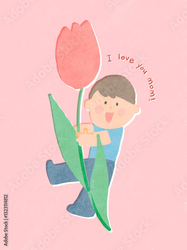 Illustration of a child giving a flower to his mom to celebrate mothers day