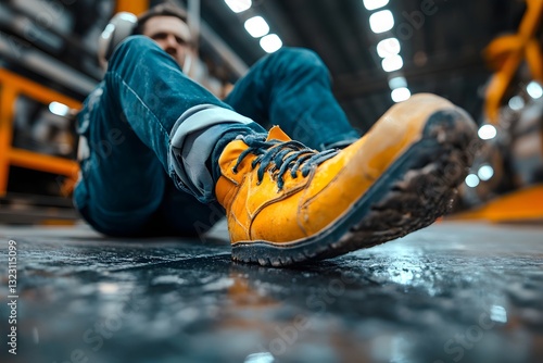 man in yellow boots sitting on the floor in factory.