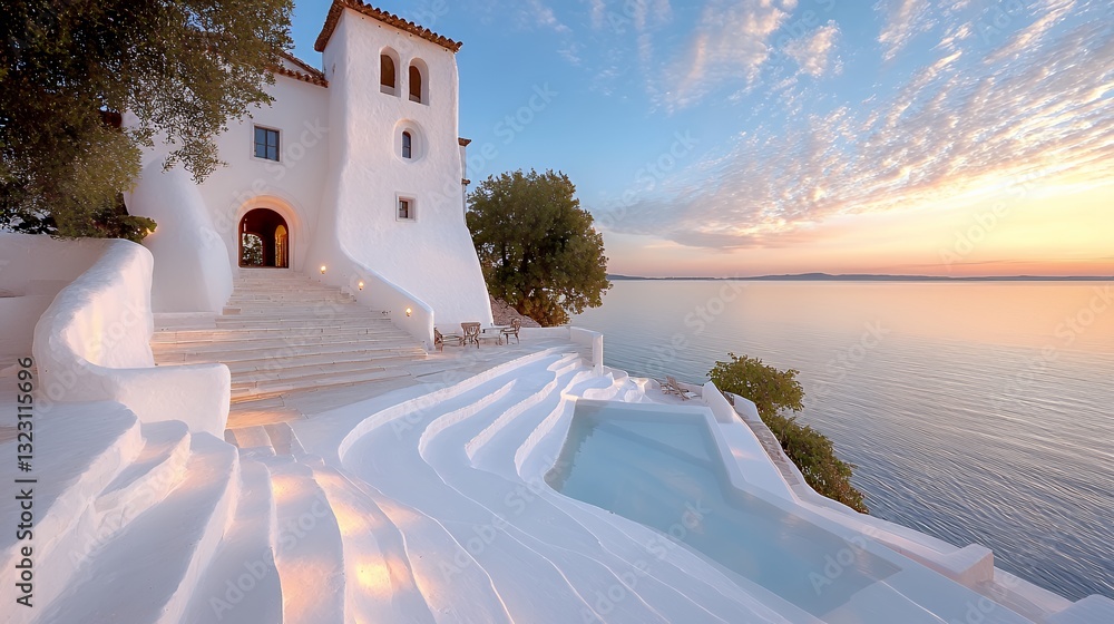 Obraz premium Luxury White Villa Overlooking Calm Ocean at Sunset with Pool