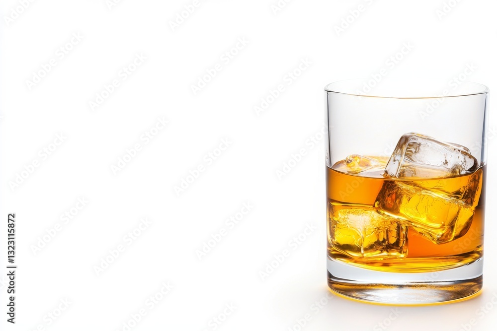 A glass of whiskey with ice cubes on a clean white background A glass of whiskey with ice cubes on a clean white background