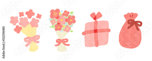 Cute hand drawn gift and flower bouquet