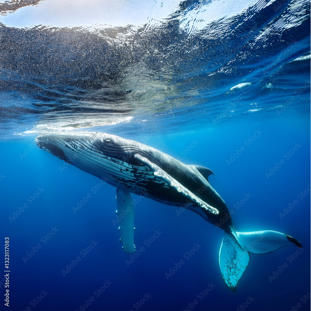 Naklejka premium Majestic Humpback Whale Gliding Gracefully Beneath the Ocean's Surface
