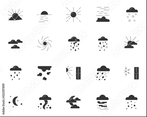 Weather glyph icons set. Different natural phenomenal. Meteorology concept. Filled flat signs. Isolated silhouette vector illustrations