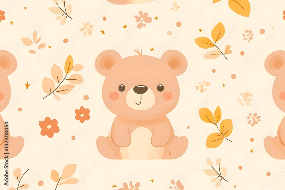 Obraz premium Charming Cartoon Bear Doodle in Seamless Pattern with Lovely Leaves and Flowers for Nursery and