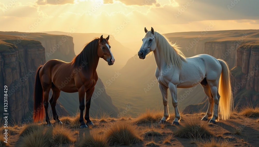 Fototapeta premium Majestic Horses at Sunset on Hillside: Sunset Sky and Majestic Mountains. A couple of horses standing on top of a grass covered hill.