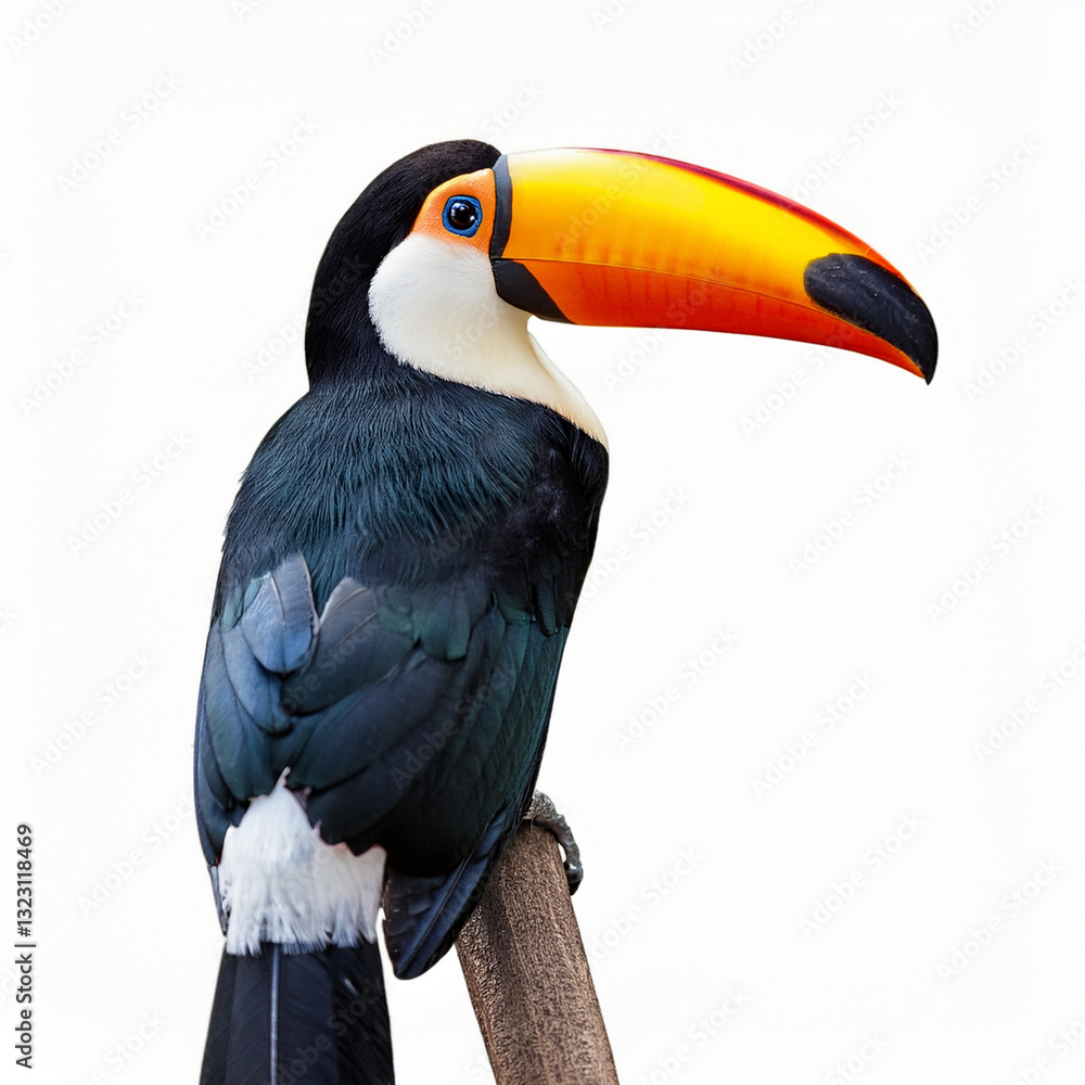Fototapeta premium Keel-billed Toucan Perched on a Wooden Branch, Isolated on White