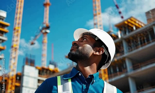 A construction worker in a hard hat gazes upward, with cranes and a building site in the background, symbolizing determination and focus in the industrial sector.