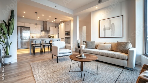 Serene modern apartment interior showcasing elegant minimalist design elements and inviting open living space