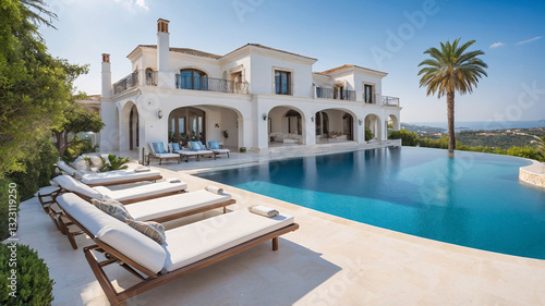 Impressive modern European mansion with a clear pool and stunning beach view perfect for an exclusive lifestyle Exterior design Wallpaper inspiration