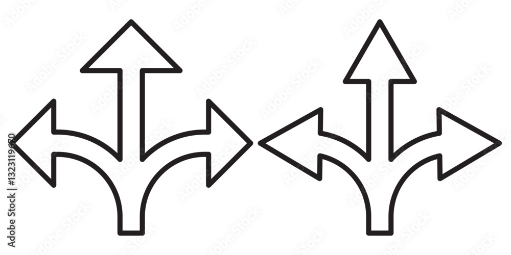 Road traffic direction arrows flat set. You-turn, left, right, two way, three way transportation direction arrow symbol. decision icon vector Road traffic direction arrows flat set. You-turn, left, right, two way, three way transportation direction arrow symbol. decision icon vector