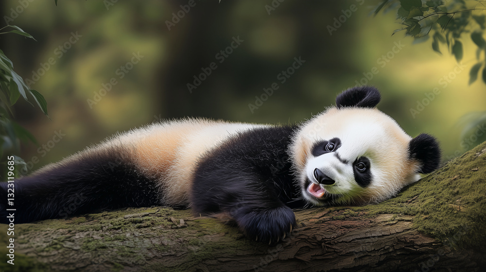 Fototapeta premium An enigmatic giant panda lounges on a sturdy tree branch, its black-and-white fur contrasting with the lush green woodland as it peacefully enjoys the serenity of its natural forest sanctuary.