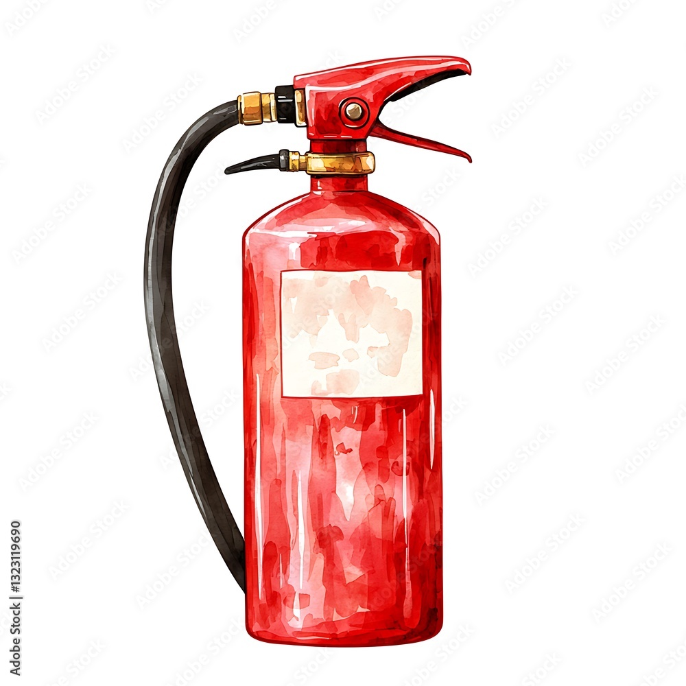 Obraz premium Hand-painted illustration of a red fire extinguisher with a blank label. A detailed watercolor painting of safety equipment.