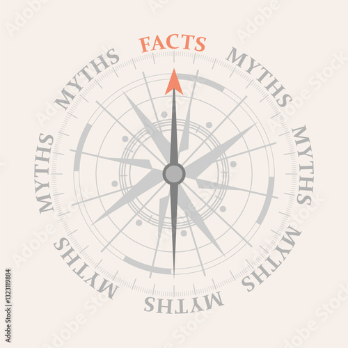The needle of compass points to the word facts ignoring the words myths. Religion, science and business concept of opposites, decisions, and uncertainty.