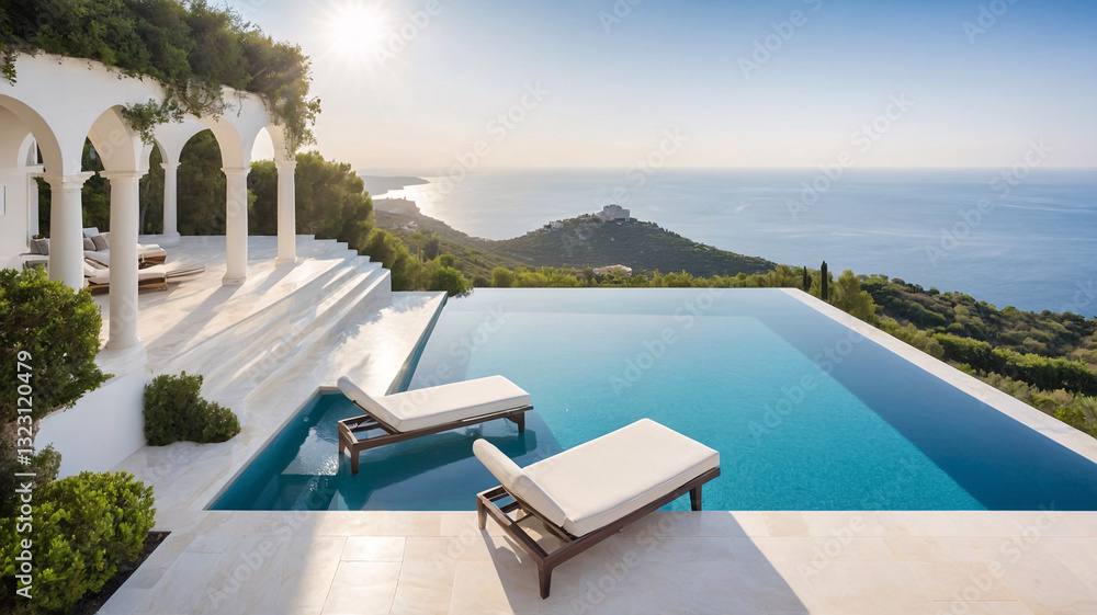 Fototapeta premium Luxurious European mansion with elegant architecture clear swimming pool and stunning beach view for premium living Exterior design Wallpaper inspiration