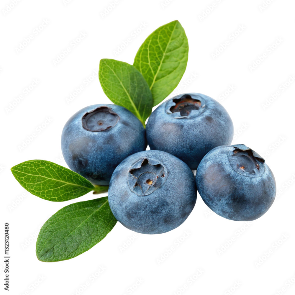 Four blueberries with green leaves isolated on transparent background
Four blueberries with green leaves isolated on transparent background