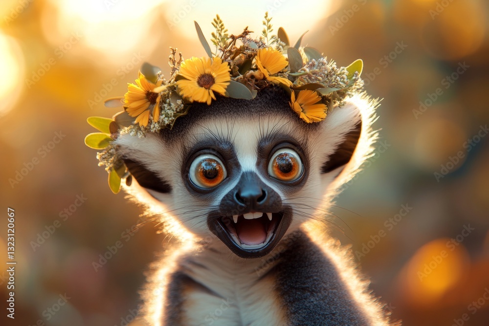 Fototapeta premium Summer happiness. Golden hour in sunset. Cute baby animal lemur wearing free flower wreath on its head. Wild creature surrounded by nature. Tranquil outdoor moment with wildlife.