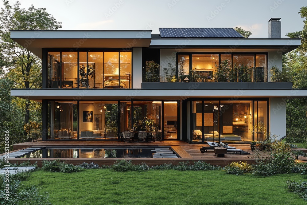 Modern eco-friendly house with solar panels, large windows for natural light, surrounded by green grass, showcasing green energy technology in a serene setting. Modern eco-friendly house with solar panels, large windows for natural light, surrounded by green grass, showcasing green energy technology in a serene setting.