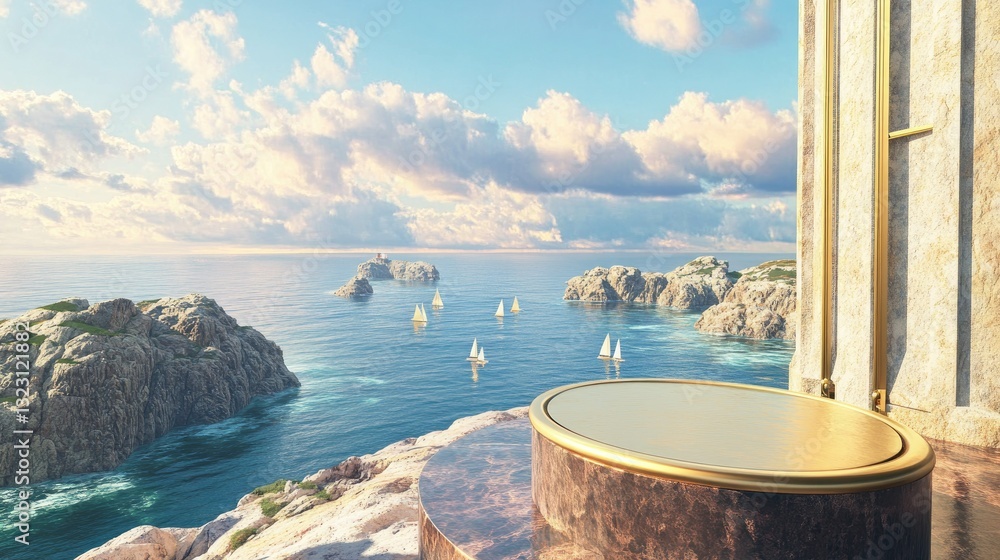 Fototapeta premium Golden Platform Overlooking Serene Seascape with Sailboats