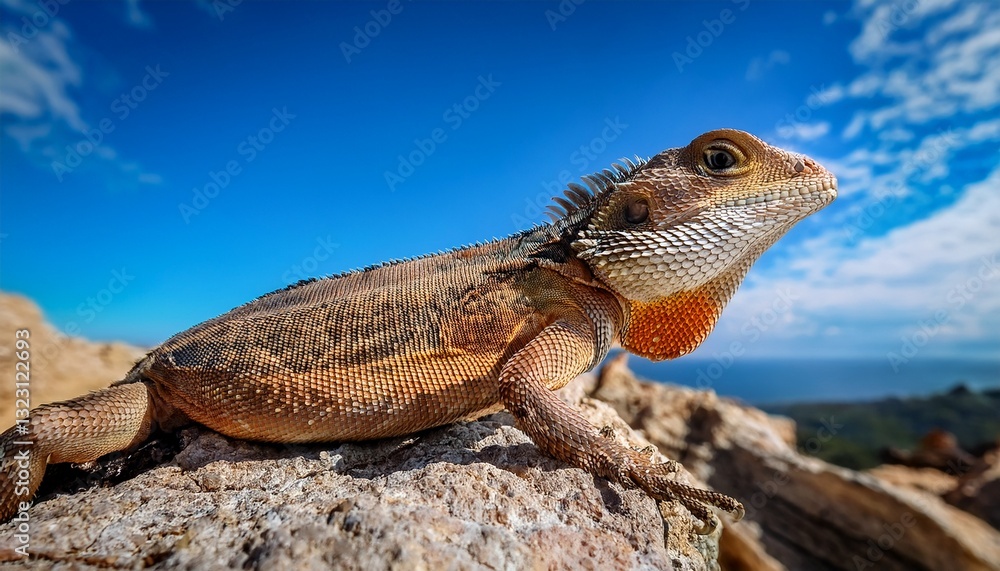 Fototapeta premium a lizard is sitting on a rock with a blue sky in the background
