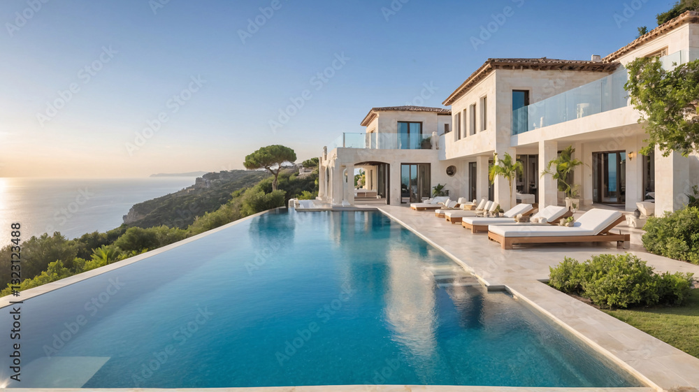 Fototapeta premium Modern European mansion exterior with a beautiful swimming pool and unbeatable beach view for relaxation and luxury Exterior design Wallpaper inspiration