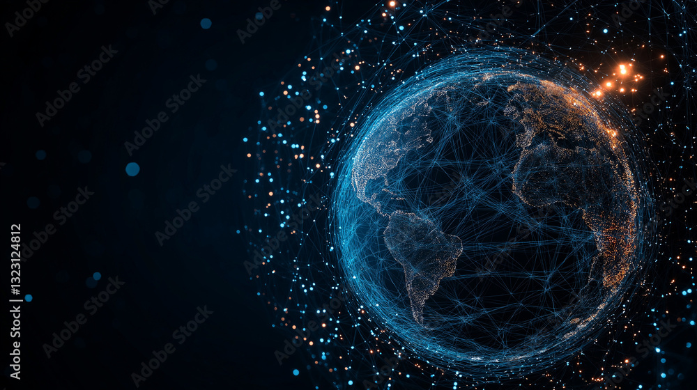 Obraz premium Digital World Connection: The globe is depicted with a web of interconnected digital threads and particles, illustrating the network and communication in a technologically advanced age. 