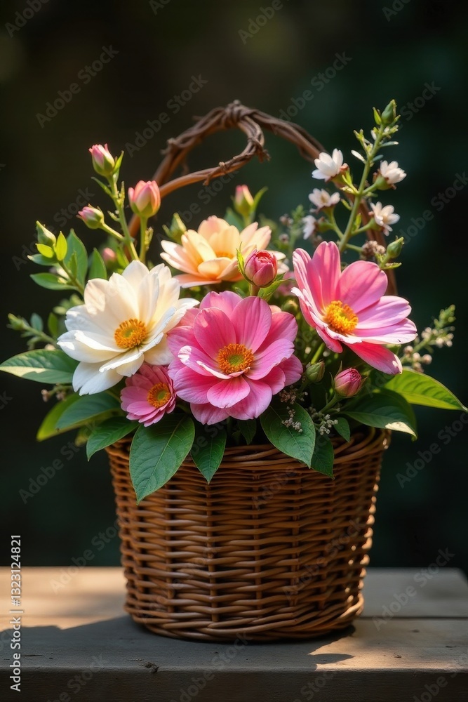 Obraz premium Delicate native blooms in rustic woven basket, spring, rustic