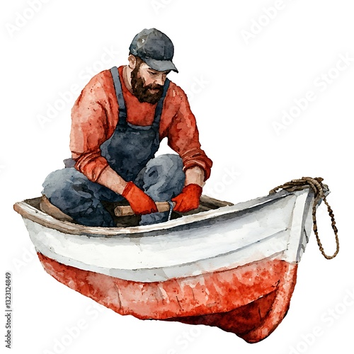 A Watercolor Painting of a Bearded Man Repairing His Small Boat. He is seated in the boat and appears to be working on the hull.