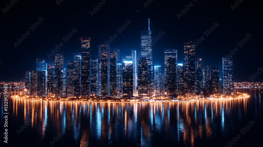 Fototapeta premium Cityscape at Night: Illuminated by the night's embrace, a modern city skyline shimmers with countless lights, reflecting in the tranquil waters below, evoking a sense of awe.