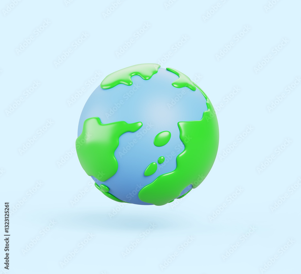 Fototapeta premium Earth planet cartoon 3d render icon. World, blue planet with oceans, green continents and texture surface. Save planet and ecology concept. Globe model isolated graphic design element. 3D illustration