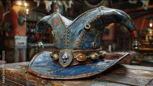 Ornate Jester Hat Adorned with Skull Emblem on Rustic Wooden Surface Antiquated Accessory Still Life