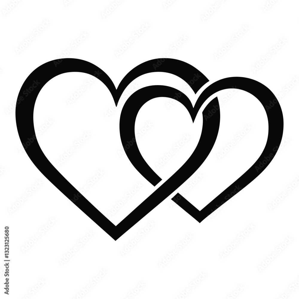 Valentine's intertwined hearts Silhouette, Vector, Icon, Logo, White Background.