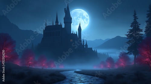 Majestic Castle Illuminated by Moonlight, Unveiling a Night of Dreams, Mystery, and Enchantment