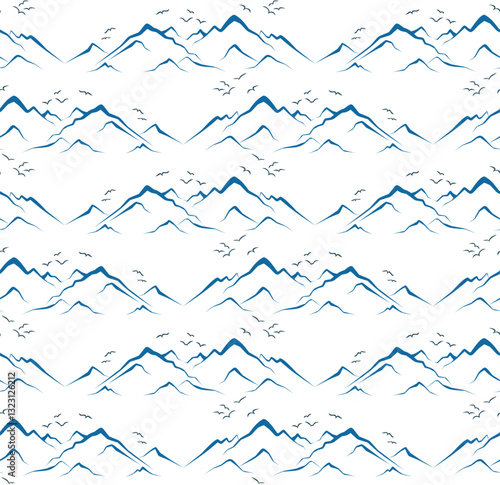Seamless background with mountains and birds.
