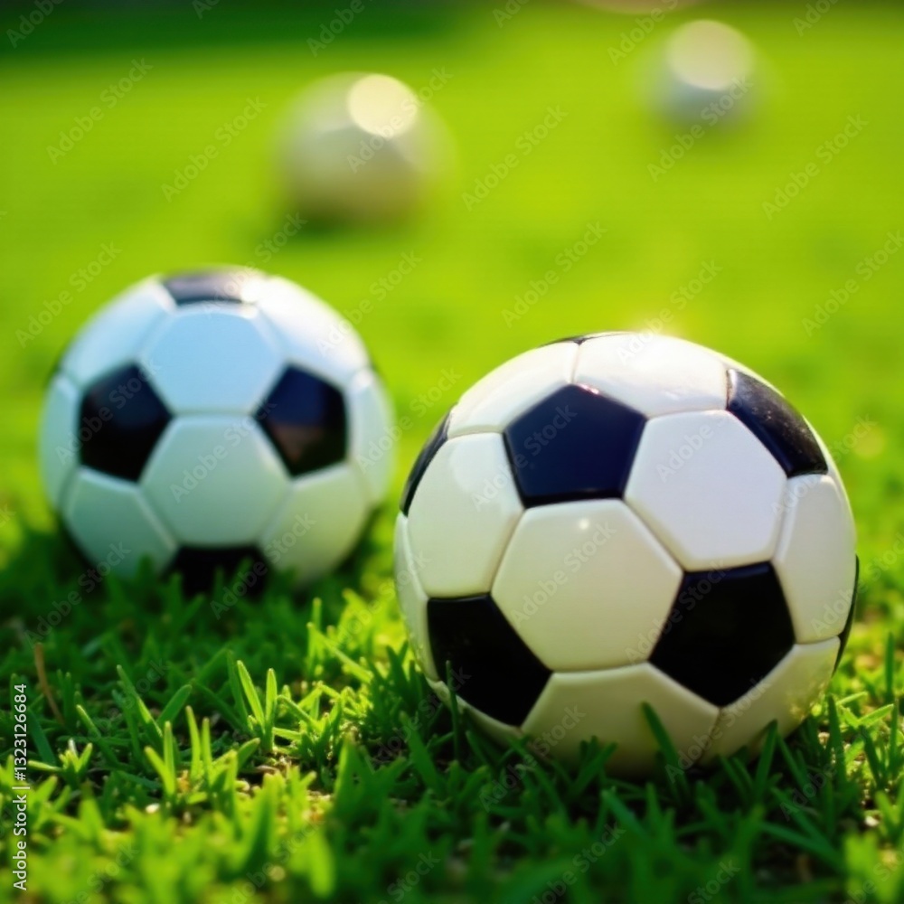 Fototapeta premium Four vibrant soccer balls gleam on lush green grass, sparkling brightly , asset, wallpaper
