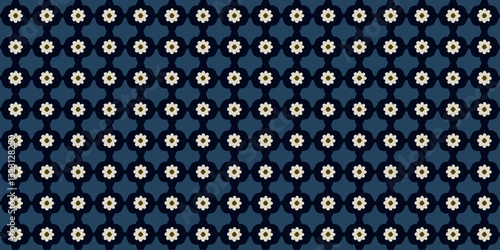 Cute small white flowers pattern doodle shapes motif continuous classic blue background. Modern decoration ditsy floral fabric design textile swatch easy to recolor all over print block.