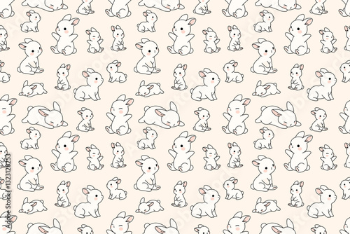 Cute bunny seamless pattern, kawaii rabbit vector repeat for fabric, wallpaper, and packaging