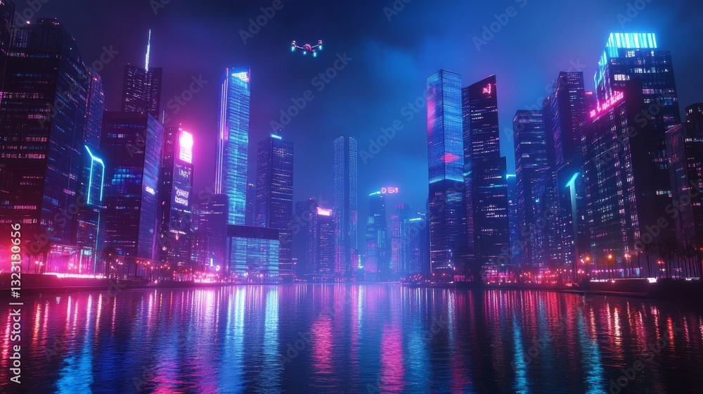 A futuristic city skyline at night, illuminated by colorful neon lights and reflecting off a calm river. A futuristic city skyline at night, illuminated by colorful neon lights and reflecting off a calm river.