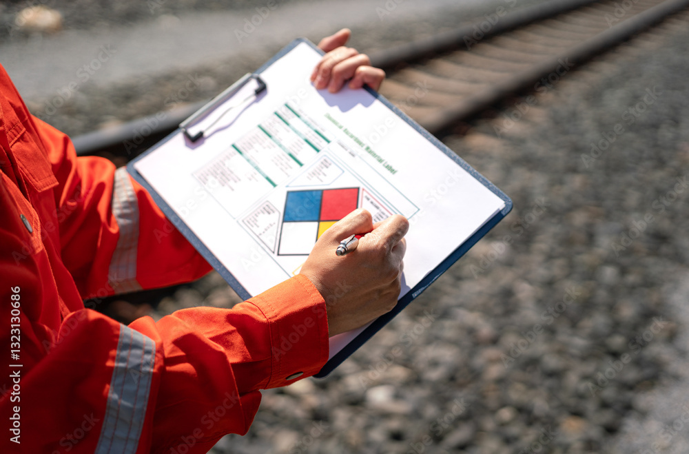 Φωτογραφία Action of an engineer is checking on the chemical hazard material form with background of crude oil or chemical transportation via train or railroad