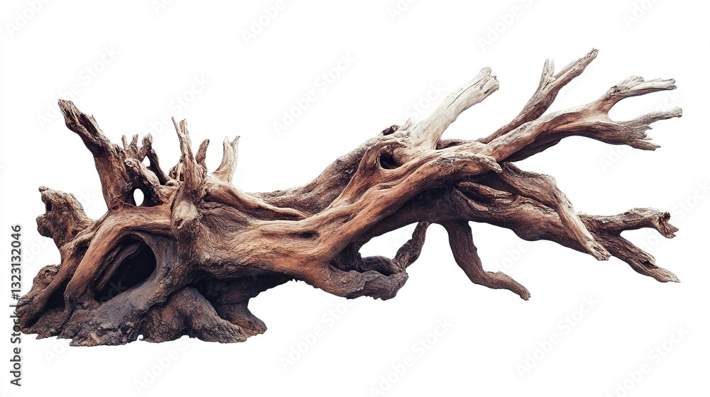 Isolated weathered driftwood, intricate gnarled branches, brown tones, textured surface. Isolated weathered driftwood, intricate gnarled branches, brown tones, textured surface.