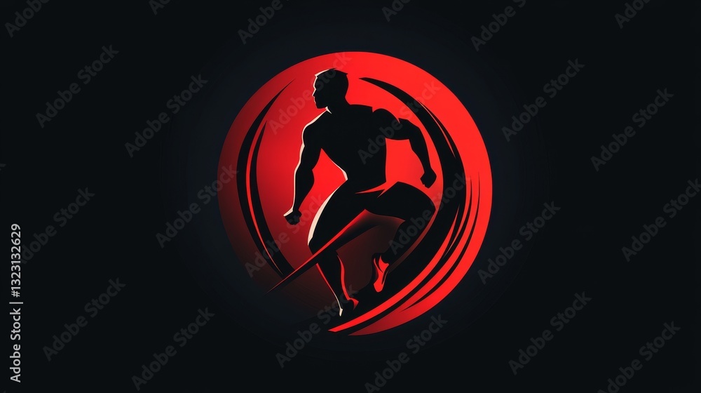 Obraz premium A dynamic fitness brand logo featuring a bold and energetic running figure inside a circle, designed with sharp angles and powerful red and black color scheme.