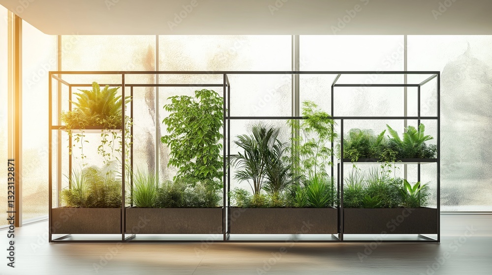 Fototapeta premium Stylish room partition with contemporary metal framework, built-in rectangular planters, and exotic greenery enhancing the space