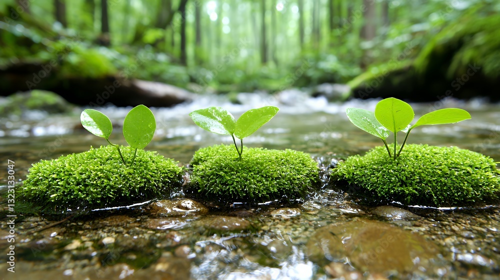 Green Sprouts Emerging on Mossy Rocks in a Forest Stream Green Sprouts Emerging on Mossy Rocks in a Forest Stream