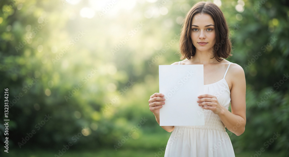 elegant woman holding blank sheet of paper, mockup for lettering or advertising . Generative AI elegant woman holding blank sheet of paper, mockup for lettering or advertising . Generative AI