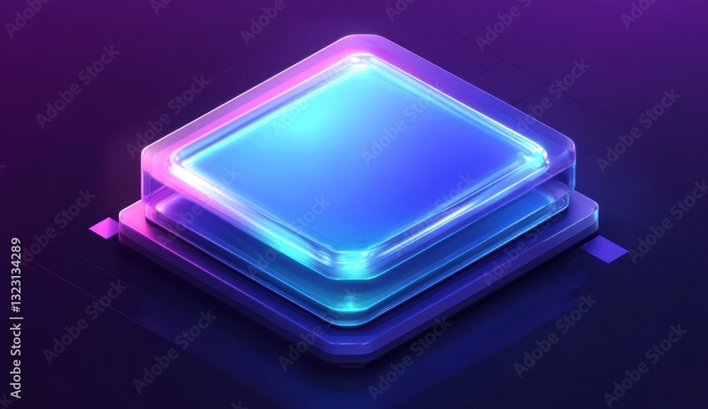 Neon glowing blue square glass button. Neon glowing blue square glass button.