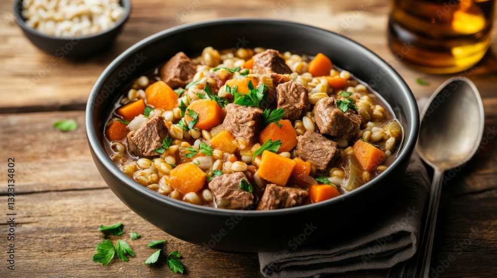 Artisanal slow-cooked dog stew with venison, barley, and root vegetables Artisanal slow-cooked dog stew with venison, barley, and root vegetables