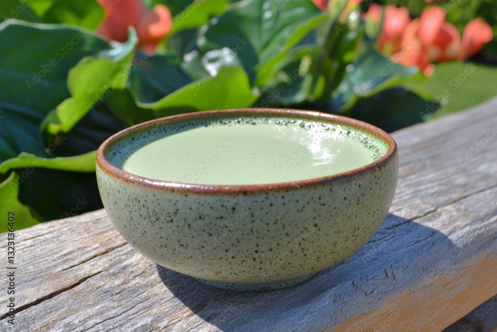 A beautifully crafted green bowl filled with matcha tea on a wooden surface A beautifully crafted green bowl filled with matcha tea on a wooden surface