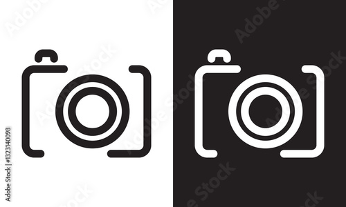 Camera line icon on black and white background. Editable stroke.Photo camera vector icon with hand drawn doodle style.Photography camera line art sign, vector illustration.